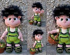 crocheted doll with black hair and green overalls holding a basket full of apples