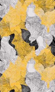 yellow and black flowers are arranged in the shape of an abstract pattern on a white background