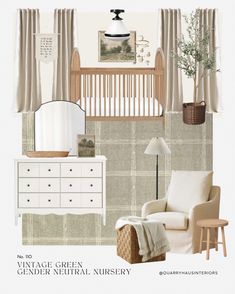 the interior of a nursery room with furniture and decor items in neutral tones, including a crib