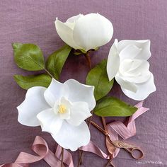 three white flowers with green leaves on a purple background and some pink ribbons around them