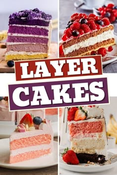 several different types of layer cakes on plates