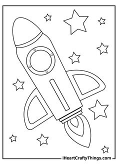 a black and white drawing of a rocket ship with stars on the side, in front of