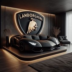 the lamb logo is lit up in front of a black sports car bed and chair