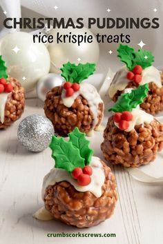 christmas puddings with white frosting and holly decorations