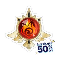 a red and gold badge with the words buy 10 get 50 % off