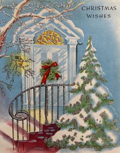 an old fashioned christmas card with a gate and tree