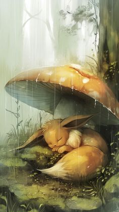 a painting of two mushrooms in the rain with one sleeping on it's side