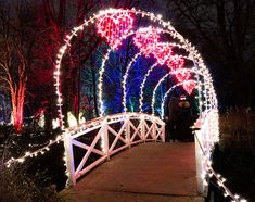 people are standing on a bridge decorated with christmas lights