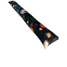 the tie has planets on it and is black with white stars in the sky behind it