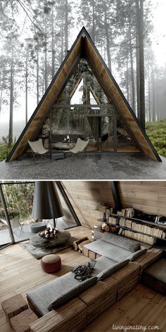 two pictures show the inside and outside of a cabin in the woods, with wood flooring