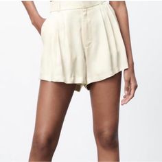 Nwt Zara Satin Shorts Medium Cream Pockets Belt Loops, Also Stretch In Back Trendy Beige Wide-leg Shorts, Chic Wide Leg Shorts For Day Out, Spring Cream Bottoms With Built-in Shorts, Chic Shorts For Vacation, Cream High-waisted Shorts For Vacation, Beige High Waist Bottoms For Summer, Cream Bottoms With Built-in Shorts For Spring, Cream Vacation Shorts, Day Out Solid Color Shorts With Short Inseam