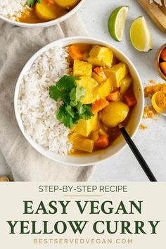 two bowls filled with yellow curry and rice on top of a white tablecloth next to sliced