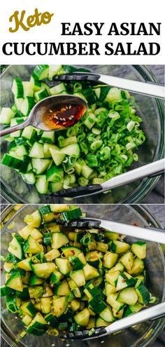 two bowls filled with cucumber salad on top of a wooden table next to white chopsticks