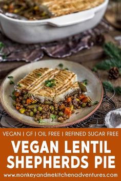 vegan lentil shepherds pie on a plate with text overlay