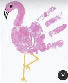 a drawing of a pink flamingo on a white background with hand prints in the foreground