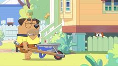 a cartoon character pushing a wheelbarrow in front of a house