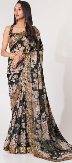 Black and Grey color Saree in Organza Silk, Silk fabric with Digital Print, Embroidered, Floral, Sequence, Thread work Black Organza Saree, Sequins Saree, Printed Organza, Floral Print Sarees, Organza Blouse, Sequence Work, Printed Saree, Wear Saree, Organza Saree