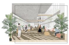 an artist's rendering of the inside of a building with people walking and sitting