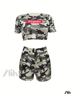 Zlily - Womens Camouflage Print Coordinated Set - Casual Short Sleeve T-shirt and Elastic Shorts Outfit Summer Stretch Camouflage Tops, Trendy Camouflage T-shirt For Summer, Round Neck Crop Top, Elastic Shorts, Shorts Outfit, Crop Top And Shorts, Camouflage Print, Neck Crop Top, Womens Casual