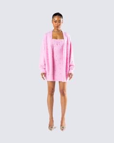 Bring all the cute, fun, and sassy energy in this matching two-piece set 💕 Featuring a pink fuzzy knit mini dress, cardigan constructed from fuzzy yarn - this fit is almost as sweet as you 😊 Cute Pink Mini Dress For Fall, Trendy Pink Sweater For Party, Chic Pink Mini Sweater Dress, Pink Mini Sweater Dress For Winter, Pink Fitted Cardigan For Party, Pink Mini Sweater Dress For Fall, Pink Mini Sweater Dress For Party, Trendy Pink Mini Dress For Winter, Pink Sweater For Winter Party