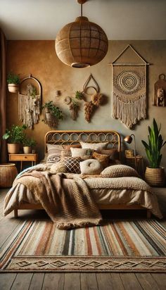 a bed room with a neatly made bed and hanging plants