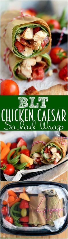 the chicken caesar wrap is cut in half and stacked on top of each other with vegetables