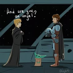 two cartoon characters are standing in front of a star wars scene with the words are you a jeo?