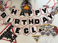 a birthday banner that says happy birthday cecil with racing cars and firetrucks