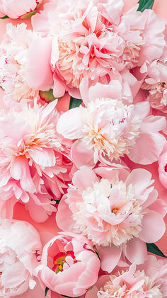 pink flowers with green leaves are arranged on a light pink background in the center is an arrangement of large, pale - colored peonies