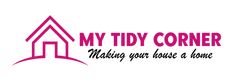 the logo for my tidy corner, making your house a home with pink and black letters