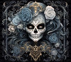 a skull with roses on it's head and an ornate frame in the background