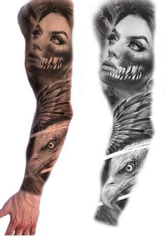 an arm tattoo with two different images of women and birds on the side of each arm