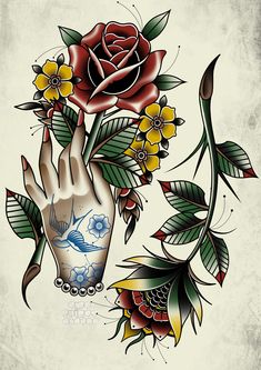 a rose and hand tattoo design on a white background