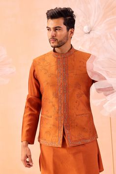 Buy Orange Soft Silk Hand Embroidered Floral Nehru Jacket And Kurta Set For Men by Contrast By Parth Online at Aza Fashions. Luxury Red Nehru Jacket For Formal Occasions, Luxury Pink Nehru Jacket For Wedding, Luxury Fitted Yellow Nehru Jacket, Embroidered Patterns, White Pant, Modern Mens Fashion, Indian Men Fashion, Vacuum Storage, Nehru Jacket