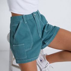 Measurements: Waist- 11.5 Inches Laying Flat (12.5 Inches Stretched) Inseam- 4 Inches Rise- 10 Inches Good Condition! Comes From Smoke Free/Pet Free Home! Workwear Shorts, Pacsun Shorts, Cutoff Shorts, Cut Off Shorts, Green Fashion, Colorful Fashion, Pacsun, Boutique Clothing, Spring Outfits