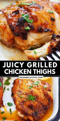 juicy grilled chicken thighs on a white plate