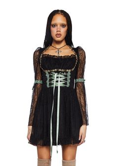 Myths N' Legends Mini Dress - Black Lace Fairycore Princess, Mini Lace Dress, Current Mood Clothing, Tulle Petticoat, Embroidered Ribbon, Lace Dress Black, Current Mood, Long Puff Sleeves, Green Lace