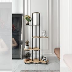 a corner shelf with some plants on it in a white room next to a mirror