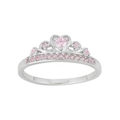 Shimmering with pink cubic zirconia stones, this sterling silver crown ring makes a regal gift for your little lady.RING DETAILS Width: 5.34 mm Size: 3 Metal: sterling silver Plating: rhodium Packaging: boxed CUBIC ZIRCONIA DETAILS Total weight: 1/10 ct. Shape: round Color: pink Setting: prong Gemstones may have been treated to enhance their appearance. Special care may be required.  Gender: female. Age Group: kids. Material: Sterling Silver|Rhodium. Pink Cute Ring, Quinceanera Rings Silver, Pink Rings, Pink Jewellery, Silver Crown Ring, Vintage Silver Jewelry, Princess Ring, Kids Rings, Gold Gemstone Ring