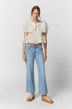 Kimchi Blue Beth Collared Blouse | Urban Outfitters Puffy Sleeves, Collar Blouse, Textured Fabric, Kimchi, Ruffle Trim