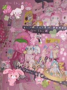 there are many stuffed animals on the shelf in this room with pink walls and flooring