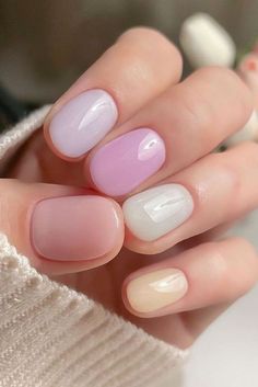 Milky Spring Nails, Pastel Double French Tip Nails, Spring Nail Inspiration Simple, Korean Nail Art Spring, Spring Nails Korean, Milky Pastel Nails, Spring Nails One Color, Milky Color Nails, August Dip Nails