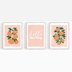 three oranges are hanging on the wall next to each other, and one is saying hello