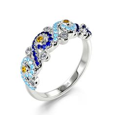 In a stunning display of style and craftsmanship, this band is brought to you. A combination of light blue, midnight blue, yellow gold and white stones, this band is a premium miniature version of Van Gogh's timeless Starry Night painting. This piece of work reminds us to trust our dreams and not believe the critics of the world. "There is always hope, even in the darkest of times." So trust your dream and let this alluring jewelry make a statement.Carat Weight: 1.568 ctStone Size: 1.5,0.8,0.8,1.5 mmStone Type: Jeulia® StoneNumber of Stones: 72 Stone Shape: RoundStone Color: Diamond White, Aquamarine Blue, Sapphire Blue, Citrine YellowWeight: 3.2 gWidth: 2.5 mmHeight: 3.5 mmThickness: 1.28 mmMaterial: Plating Color: Blue Topaz Half Eternity Jewelry, Blue Multi-stone Diamond Birthstone Ring, Blue Diamond Multi-stone Birthstone Ring, Blue Rings With Pave Setting For Gift, Blue Pave Setting Ring For Gift, Blue Ring With Pave Setting For Gift, Blue Cubic Zirconia Round Band Jewelry, Blue Diamond Half Eternity Ring, Blue Sapphire Multi-stone Promise Ring