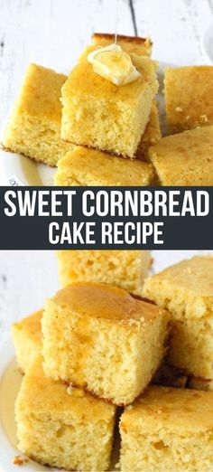 several pieces of cornbread cake on a white plate with the words, sweet cornbread cake recipe