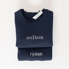 Custom embroidered toddler and kids crewneck sweatshirt.  Please reach out for bulk orders on sold out sizes!  Long-sleeved sweatshirts are very soft. 60% cotton, 40% polyester fleece. Coverstitched ribbed collar, coverstitched shoulder and armholes, coverstitched cuffs and bottom band.  HOW TO ORDER  -Select sweatshirt color and size from the drop-down menu -Select fond option from the dropdown menu -Type name or saying in the personalization box and thread color/ thread number. Please see list Personalized Embroidery, Kids Sweatshirt, Kid Names, Sweat Shirt, Gender Neutral, Crew Neck Sweatshirt, Kids Outfits, Sweatshirts, Long Sleeve