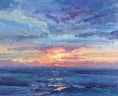 an oil painting of a sunset over the ocean with clouds in the sky and blue water