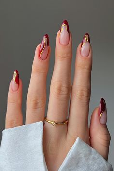 Simple Nail Art Designs Red, Nail Designs Abstract Lines, Red Cherry French Tip Nails, Cute Red And Gold Nails, Ombre Cherry Nails, Cute Nails Acrylic Ballerina, Gold Nails Ballerina, Nails Trendy 2024, Red And Gold Marble Nails