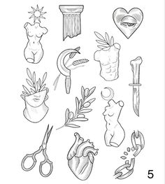 an image of various items that are drawn in black and white on a sheet of paper