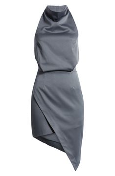 An off-center hemline and a halter neck make an artfully modern statement on this satin cocktail dress that will catch compliments. 33 1/2" to 43" center front length (size Medium) Hidden back-zip closure Halter neck Sleeveless, with cutaway shoulders Lined 97% polyester, 3% spandex Dry clean or hand wash, line dry Imported Fitted Satin Dress With Asymmetrical Hem, Fitted Asymmetrical Satin Evening Dress, Satin Draped Asymmetrical Dress For Night Out, Satin Asymmetrical Dress For Night Out, Chic Fitted Satin Dress With Asymmetrical Hem, Night Out Satin Draped Asymmetrical Dress, Silk Slip Dress With Asymmetrical Hem For Party, Asymmetrical Hem Satin Dress For Party, Chic Fitted Asymmetrical Satin Dress